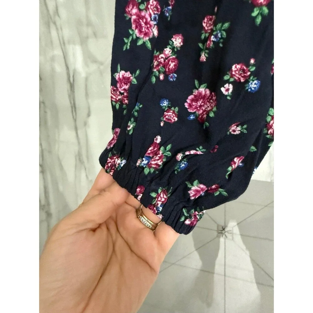 Puff-Sleeve Smocked Wrap Floral Blouse Small